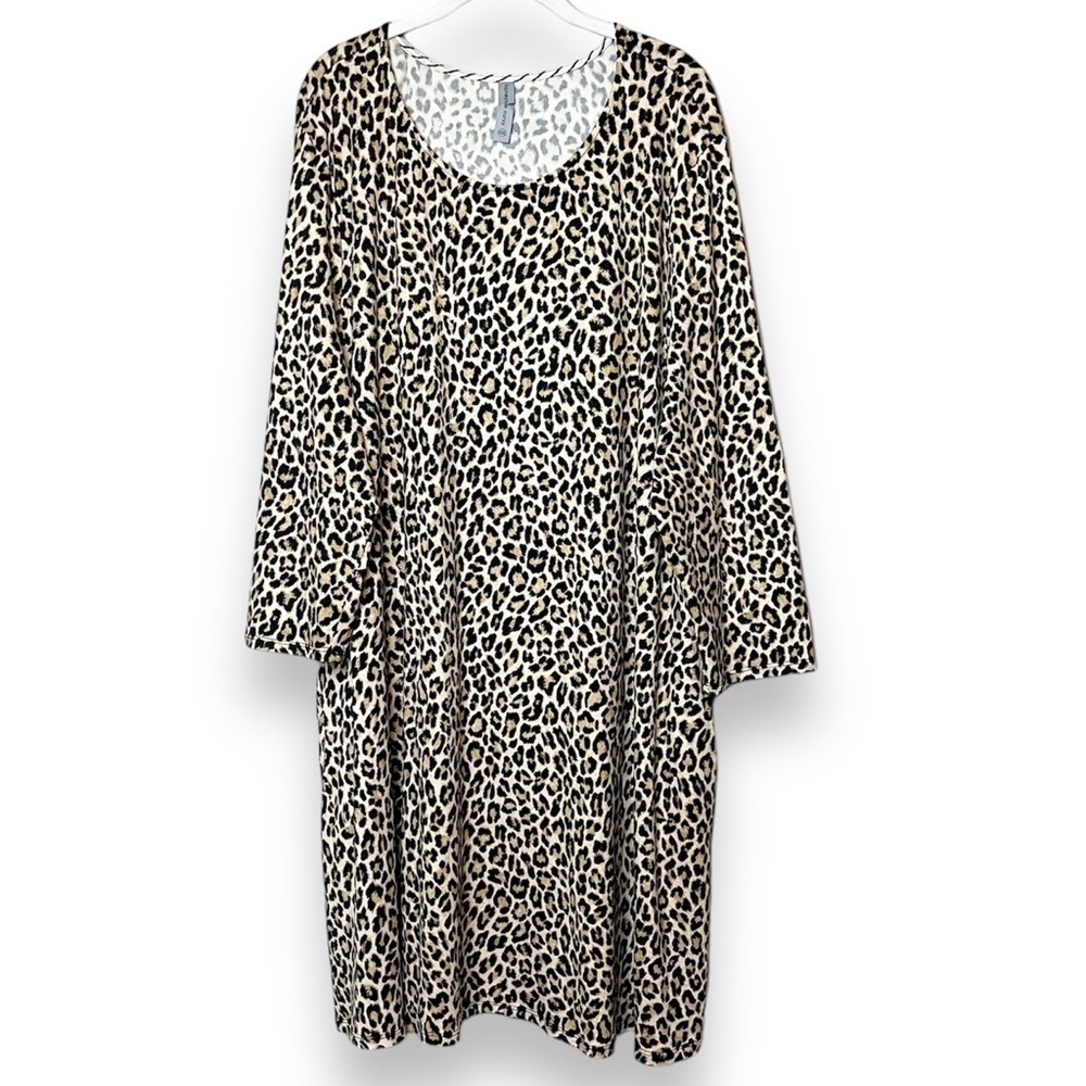 Honeyme Curvy Stretch Jersey Knit Tunic Dress 3X neutral leopard cheetah pockets